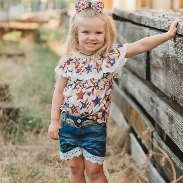 Little Patriot Star Lace Top/Shirt - American Flag Kids Outfit for Summer Holidays