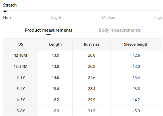 Size chart for Little Wrangler Raw Hem Denim Jacket with measurements for length, bust, and sleeve