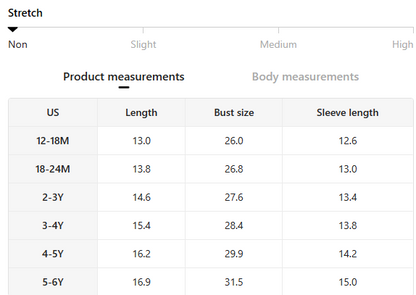 Size chart for Little Wrangler Raw Hem Denim Jacket with measurements for length, bust, and sleeve