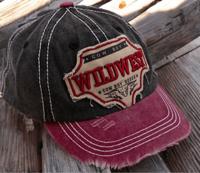 Kids cowboy snapback hat in maroon and black with embroidery