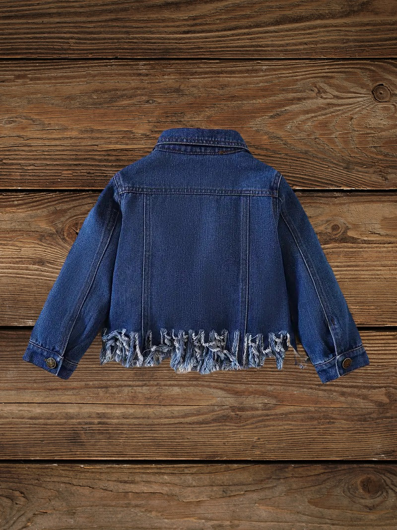 Back view of Little Wrangler Raw Hem Denim Jacket for boys and girls featuring raw hem design