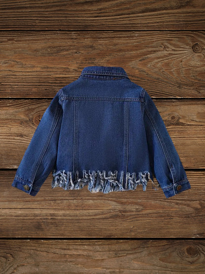 Back view of Little Wrangler Raw Hem Denim Jacket for boys and girls featuring raw hem design