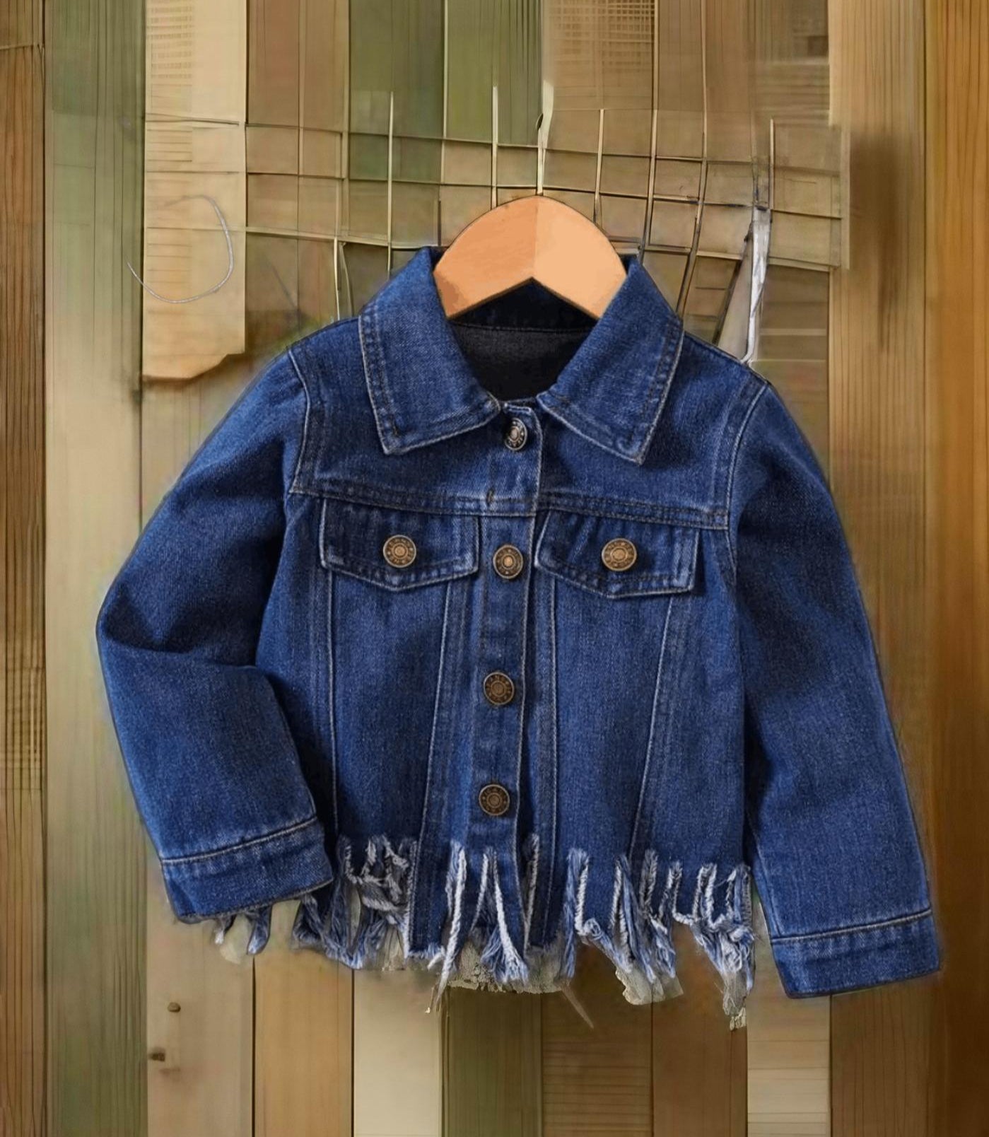 Front view of Little Wrangler Raw Hem Denim Jacket for kids with trendy frayed hem detail.