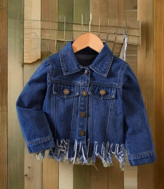 Front view of Little Wrangler Raw Hem Denim Jacket for kids with trendy frayed hem detail.
