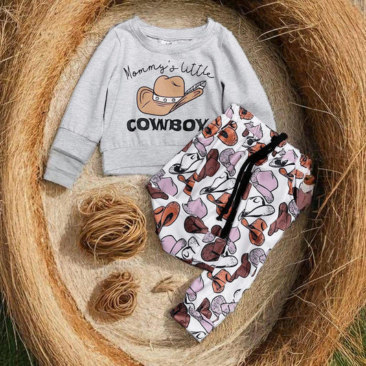 Boys western jogging suit with gray cowboy sweatshirt and printed cowboy hat pants, perfect little cowboy outfit for kids