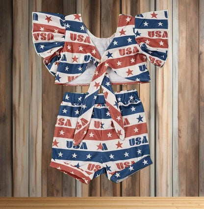 Baby summer outfit with red, white, and blue USA graphics
