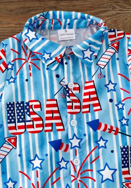 Patriotic Kids Star-Spangled Style USA Flag Button-Up Shirt - Fourth of July Clothing