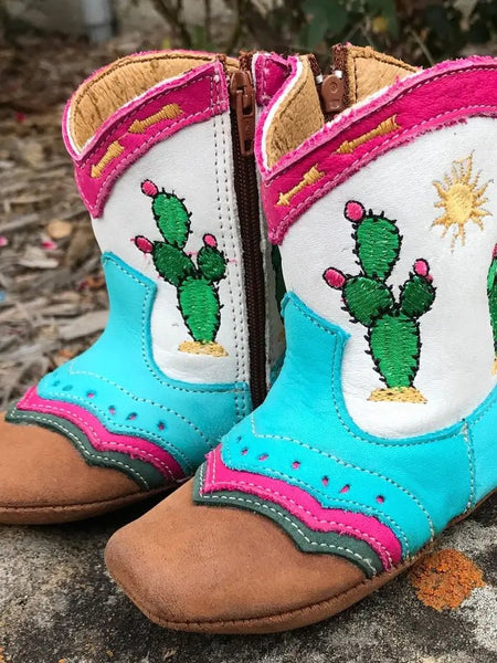 Pecos Neon Cactus Charm Kids Leather Cowboy Boots - Easy Zip Toddler Western Boots with Embroidered Cowgirl Design