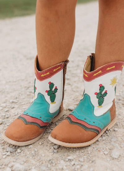 Pecos Neon Cactus Charm Kids Leather Cowboy Boots - Easy Zip Toddler Western Boots with Embroidered Cowgirl Design