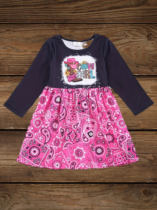 Long sleeve pink bandana cowgirl dress for girls with Western boot and hat graphic, perfect toddler cowgirl dress.