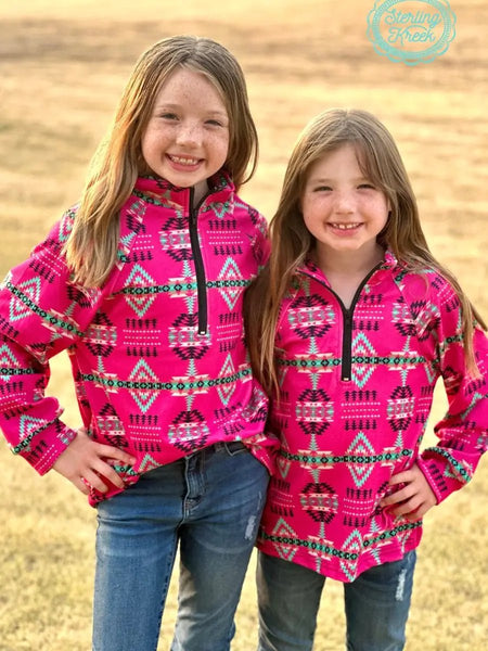 Pink Prairie Parka Princess Pullover - Western Kids Fashion Quarter-Zip Sweater for Little Wranglers