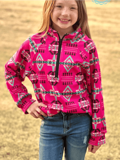 Girl modeling pink quarter-zip Western pullover
