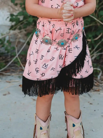 Pink fringe cowgirl skirt with western details