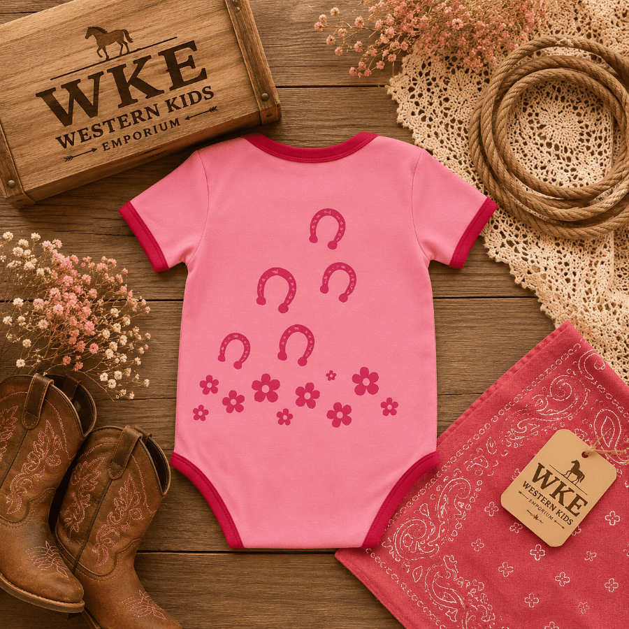 A pink short-sleeve baby bodysuit with dark pink trim and a horseshoe and flower print, styled in a rustic western flat lay with cowboy boots, a WKE Western Kids box, a bandana, rope, and dried flowers on a wooden surface.