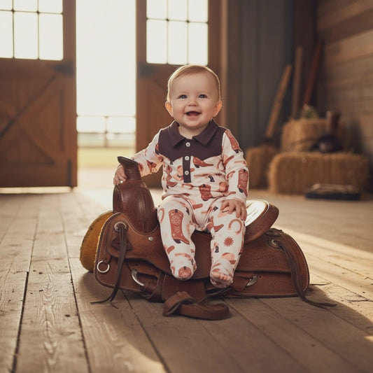 Brown & Ivory Boot Print Baby Romper – Western-Inspired Style with Snaps