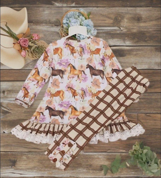 Girl's Countryside Charm Set – Horse & Flower Print Dress with Plaid Lace Pants