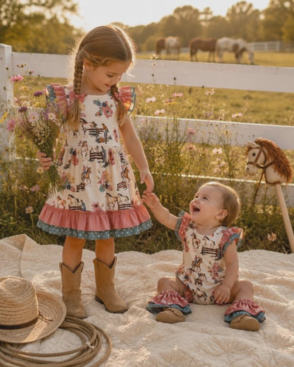 Cowgirl Horse & Floral Print Baby Romper with Ruffle Legs