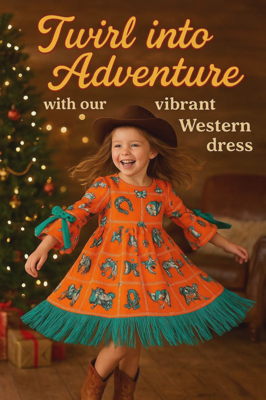 Orange Bell Sleeve Western Dress with Teal Fringe