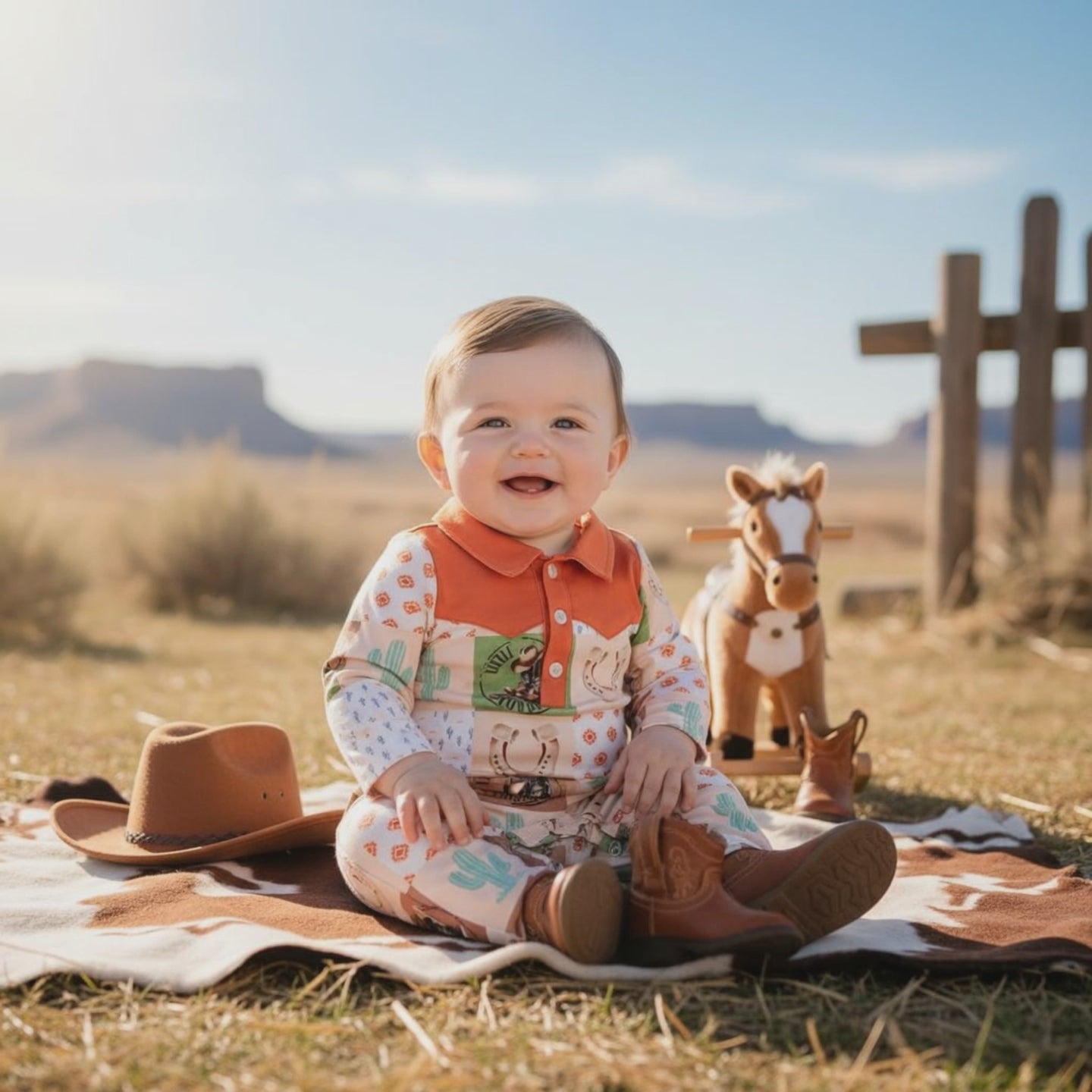 Baby cowboy in orange western romper