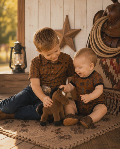 Western Boys Buckle Polo Shirt - Bucking Bronc & Cactus Print