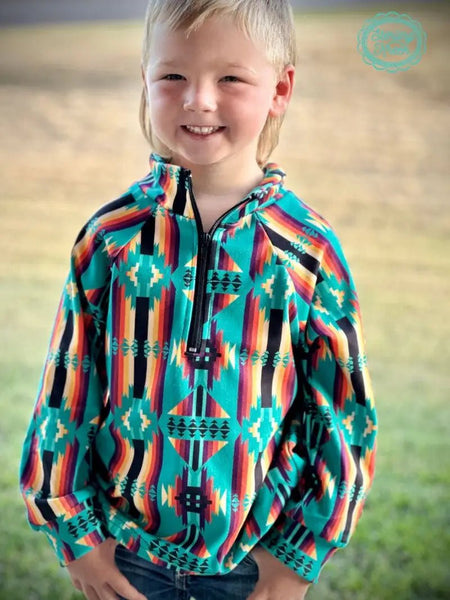 Lil' Wrangler Wonder: Kids Western Wear Mini Rugged Ranch Pullover - Trailblazing Teal Delight!