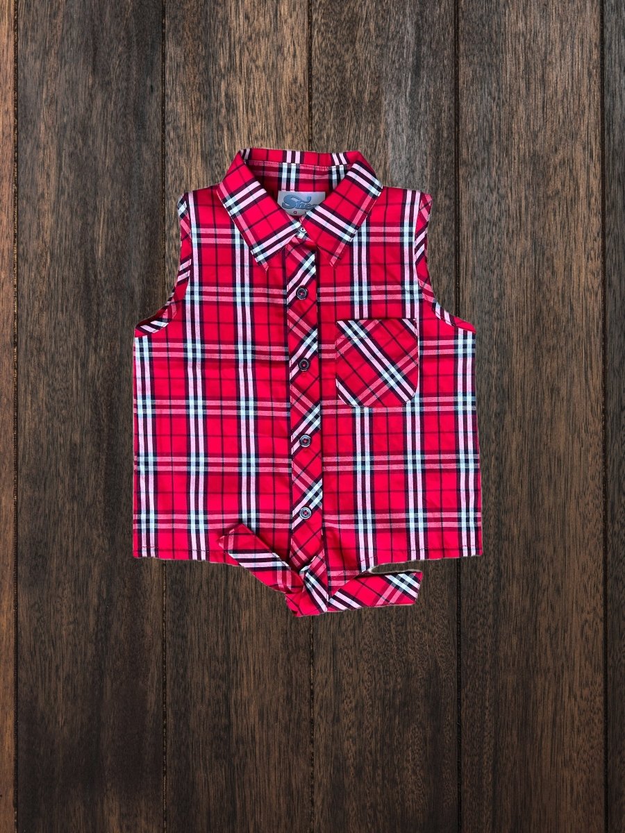 Red plaid sleeveless tie-front western shirt for toddlers flat lay