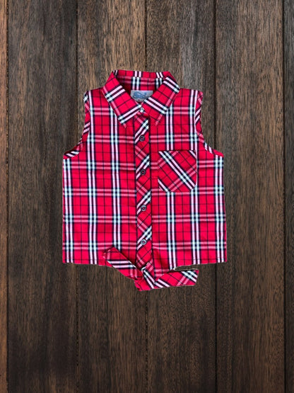 Red plaid sleeveless tie-front western shirt for toddlers flat lay