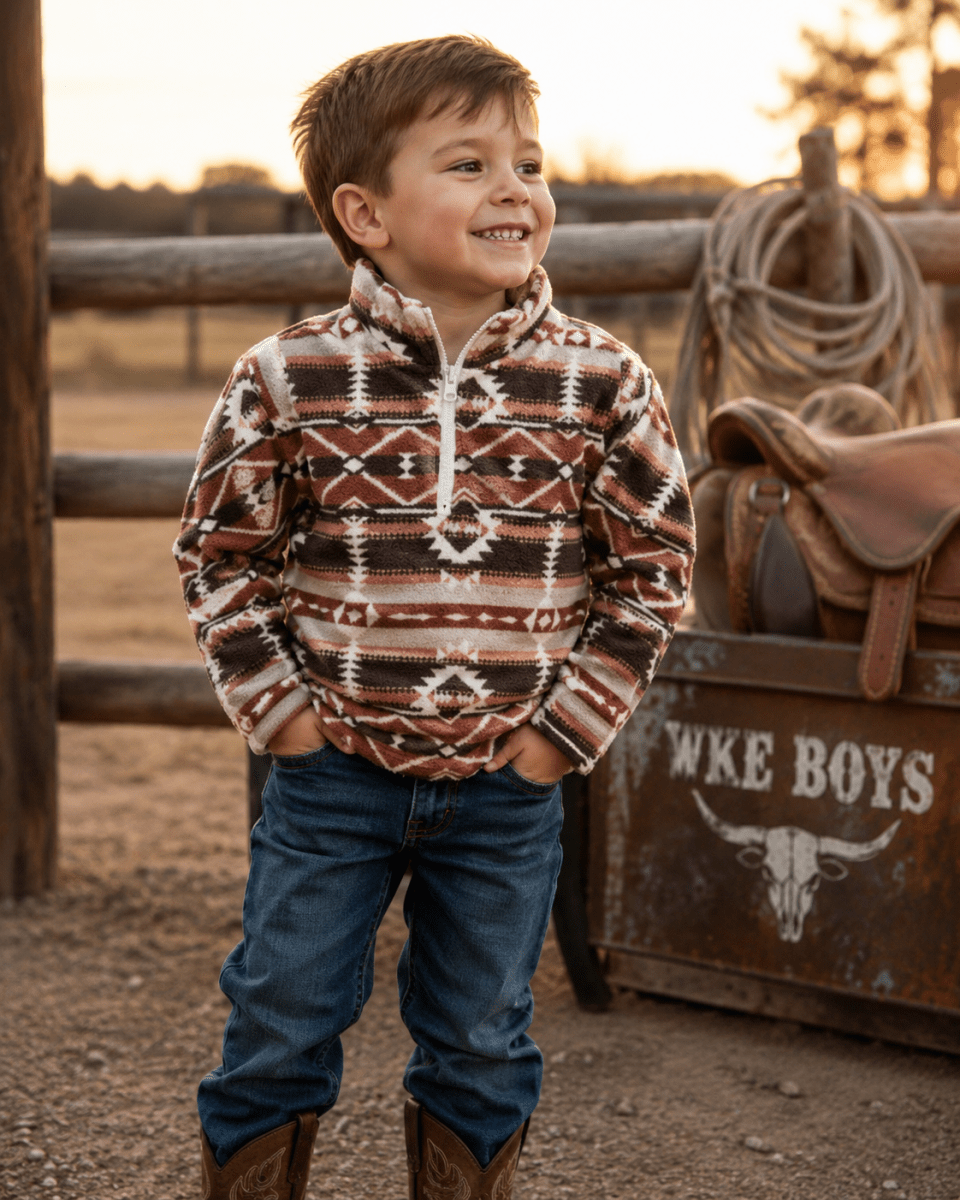 Lil' Wrangler Warmth: Rust Brown Aztec Western Sherpa Pullover