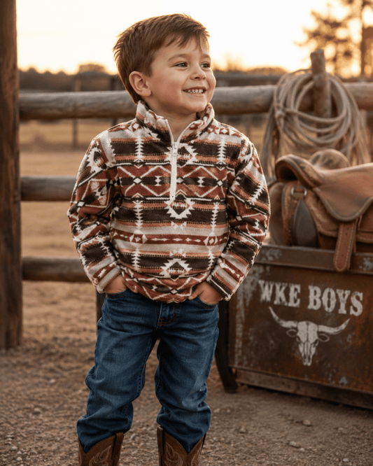 Lil' Wrangler Warmth: Rust Brown Aztec Western Sherpa Pullover