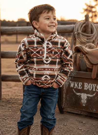 Lil' Wrangler Warmth: Rust Brown Aztec Western Sherpa Pullover