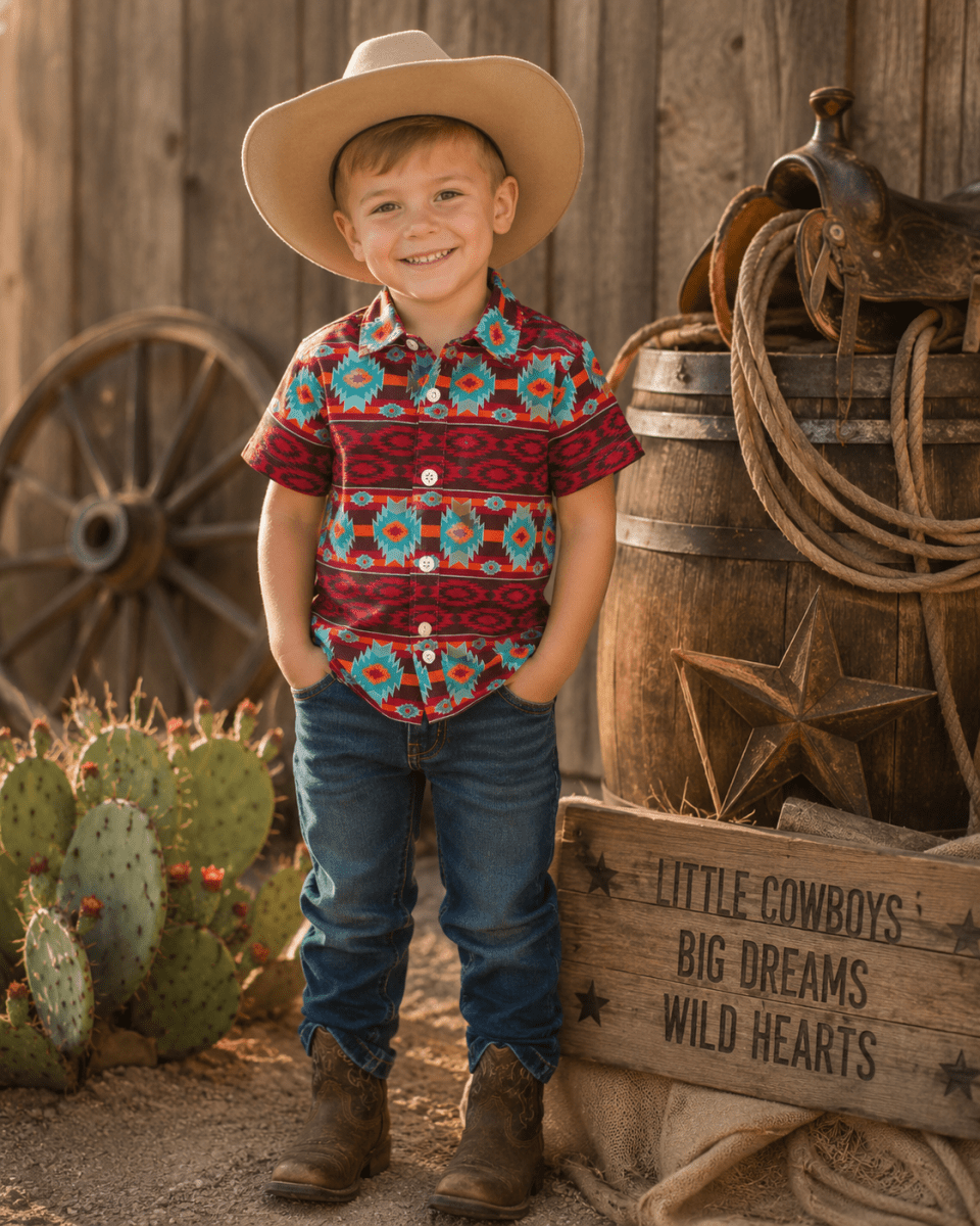 Western Wine Turquoise Short-Sleeved Cowboy Shirt for Kids