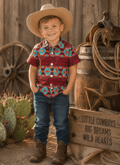 Western Wine Turquoise Short-Sleeved Cowboy Shirt for Kids