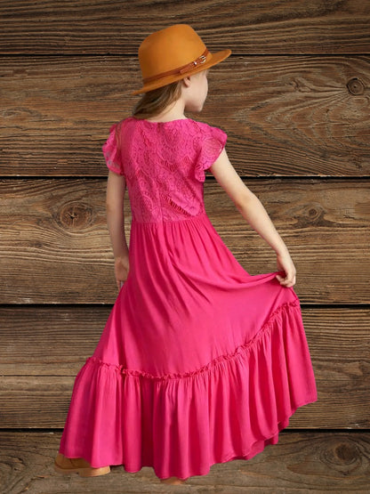 Back view of pink western floral lace maxi dress for girls with hat