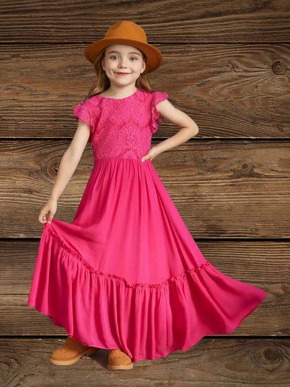 Girl in rose red western floral lace maxi dress for girls, front view