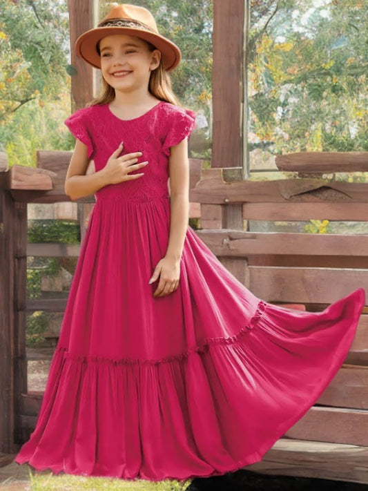 Girl wearing rose red western floral lace maxi dress for girls, front view, twirling