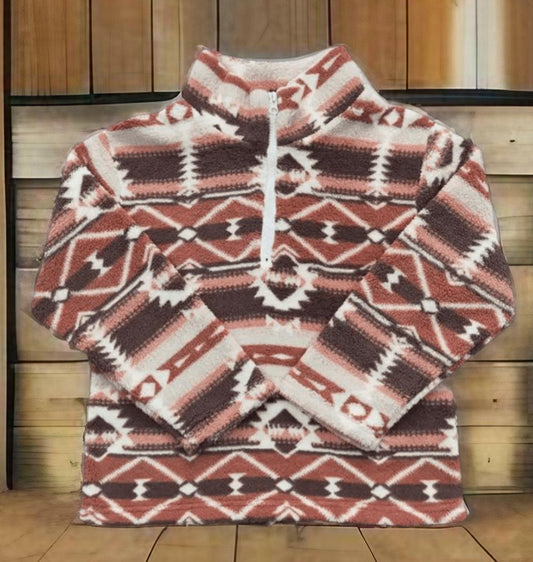 Rust Brown Aztec Western Sherpa Pullover for kids, cozy western kids pullover with bold Aztec print, perfect for cowboy adventures.