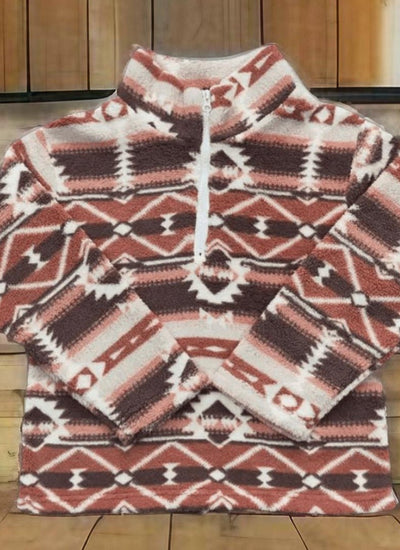 Lil' Wrangler Warmth: Rust Brown Aztec Western Sherpa Pullover