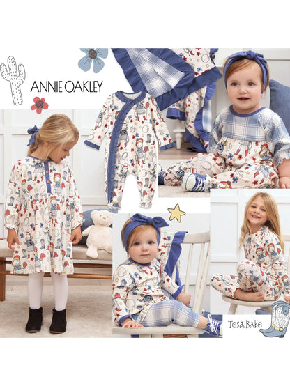 Family photo in matching Annie Oakley baby and toddler outfits
