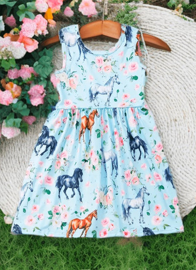 Charming Pony Print Sleeveless Cowgirl Dress for Little Western-Themed Girls