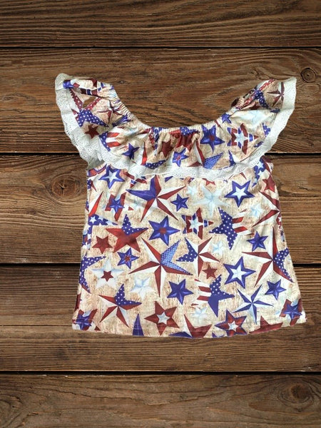 Little Patriot Star Lace Top/Shirt - American Flag Kids Outfit for Summer Holidays