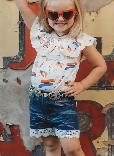 American Flag Star-Spangled Lace Top - Patriotic Kids Summer Shirt for Fourth of July Outfit