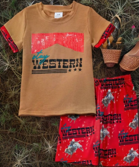 Boys Stay Western outfit with beige tee and red western shorts