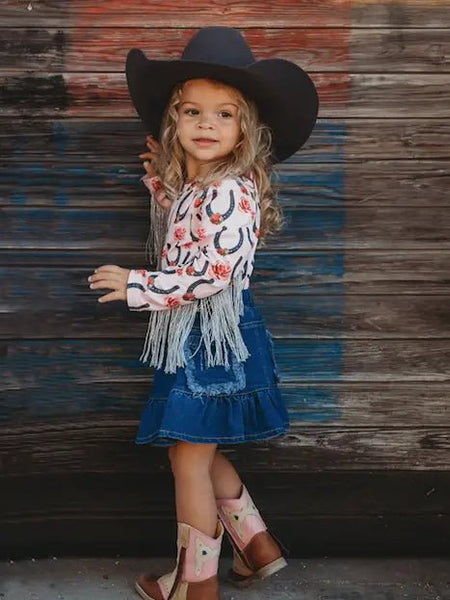 Ruffled Ranch Girls Western Denim Skirt with Adjustable Waist - Perfect Cowgirl Outfit for Kids