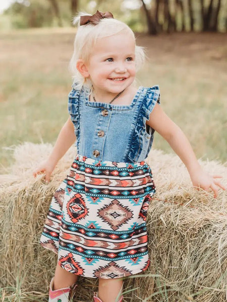 Western Charm Girls Denim & Aztec Cowgirl Dress - Kids Western Outfit