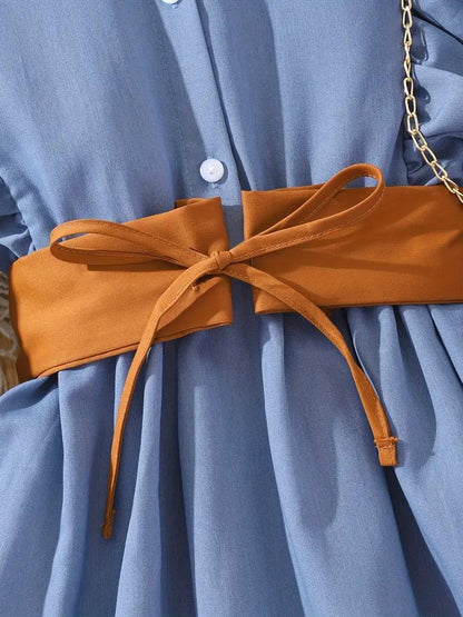 Cowgirl Chic: Ruffled Western Style Dress with Brown Tie Belt 