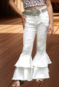 White toddler flare jeans with distressed details