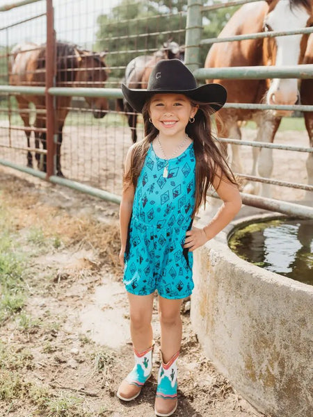Turquoise Trails Cowgirl Romper for Girls - Kids Western Summer Outfit