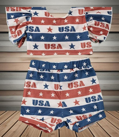 Patriotic baby two-piece outfit with USA print and stripes