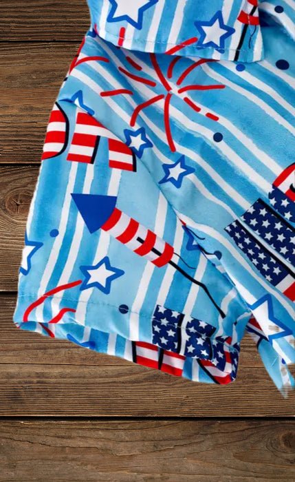 Back view of boys’ July 4th shirt with fireworks