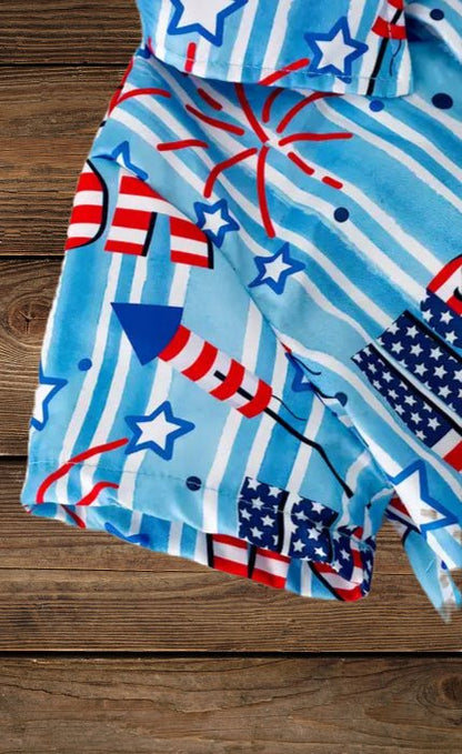 Back view of boys’ July 4th shirt with fireworks